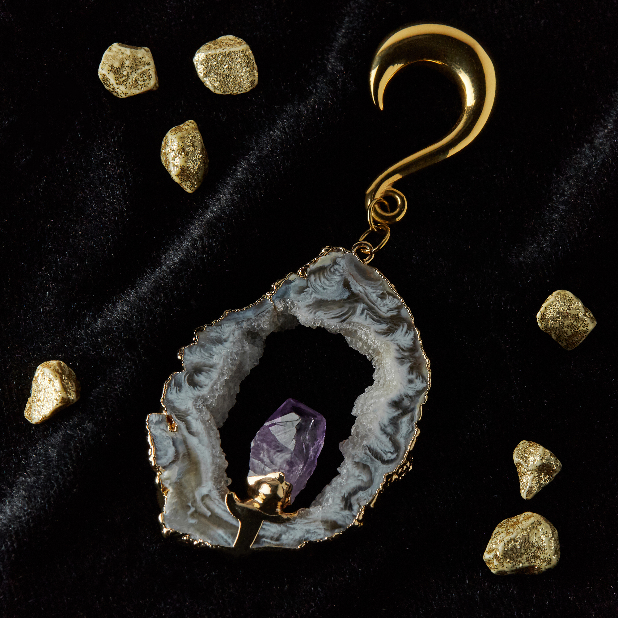 High quality  Gold Hook Geode Slice Crystal Ear Weights (Pair)