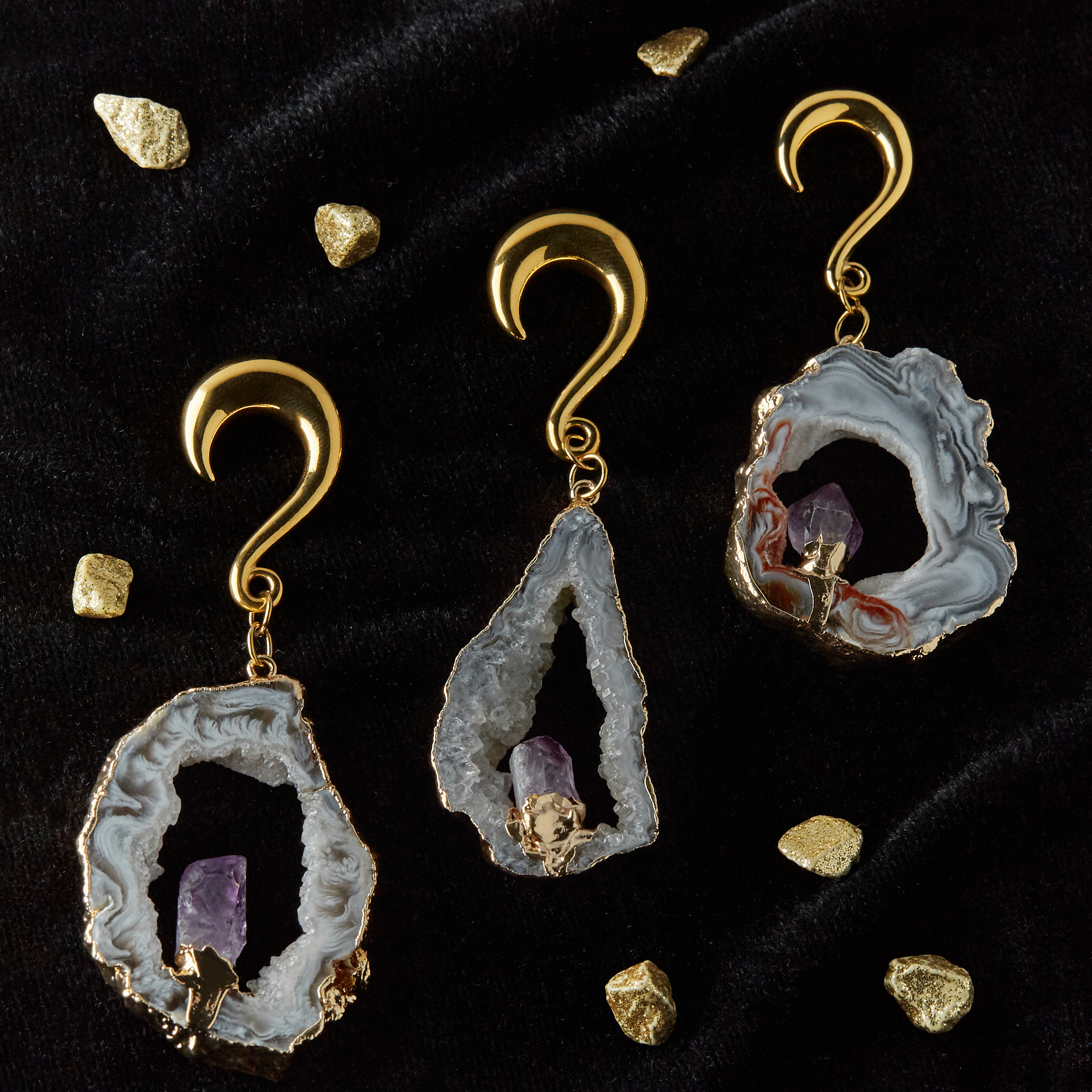 unique  Gold Hook Geode Slice Crystal Ear Weights (Pair)