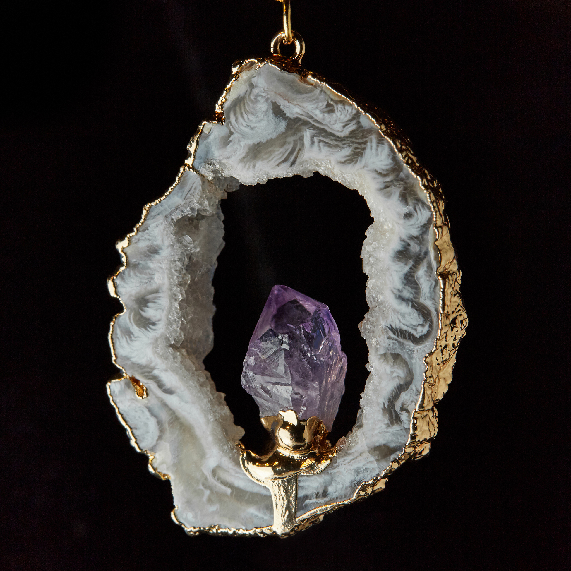 Large  Gold Hook Geode Slice Crystal Ear Weights (Pair)