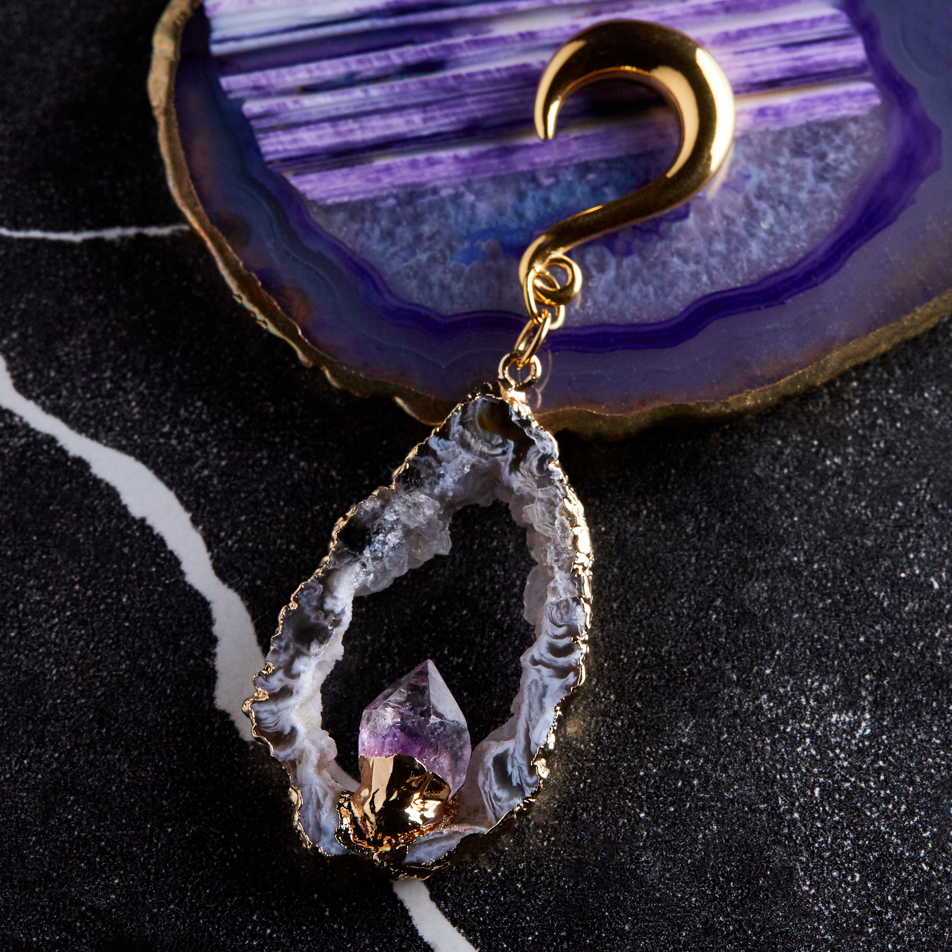 particular  Gold Hook Geode Slice Crystal Ear Weights (Pair)