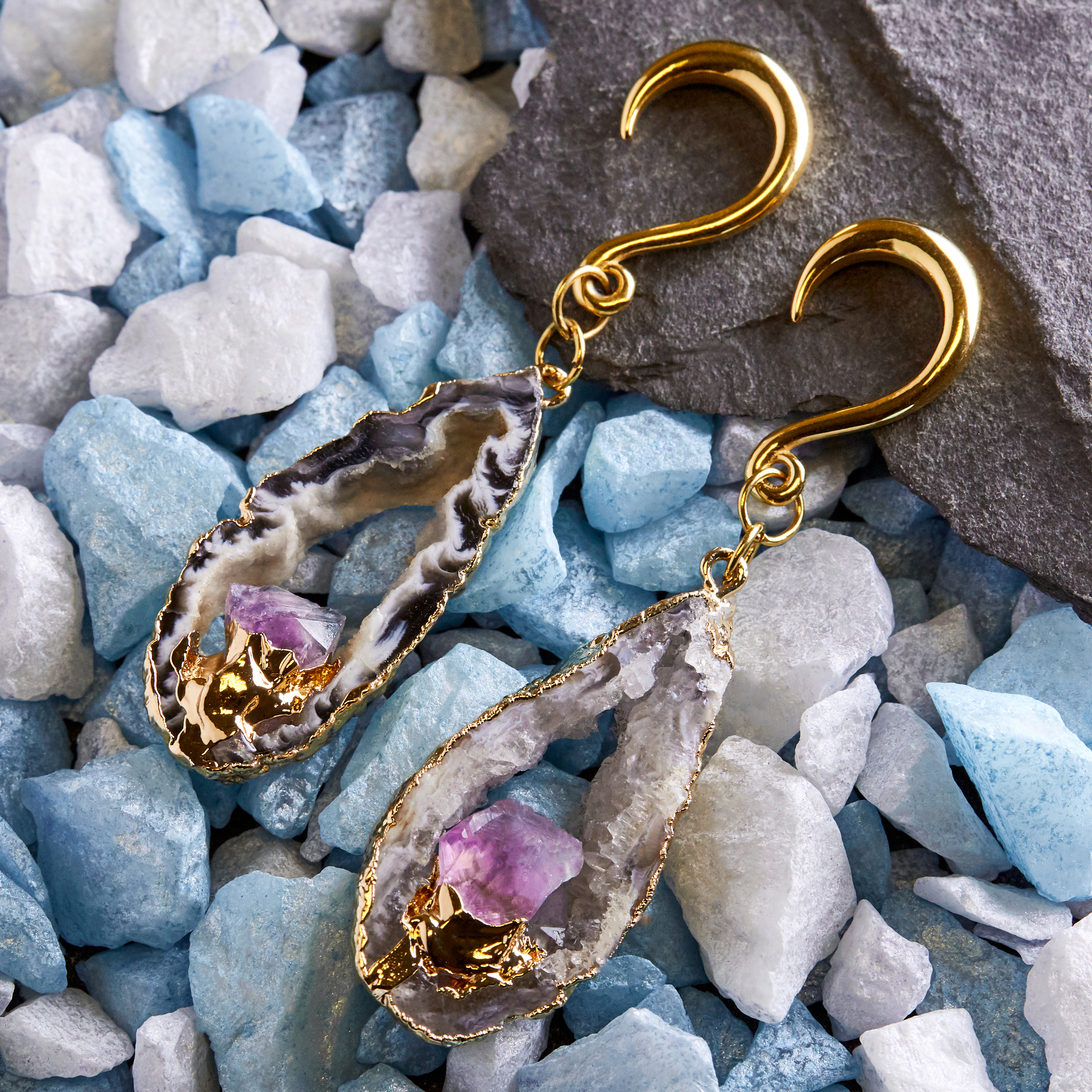 gourgeous   Gold Hook Geode Slice Crystal Ear Weights (Pair)