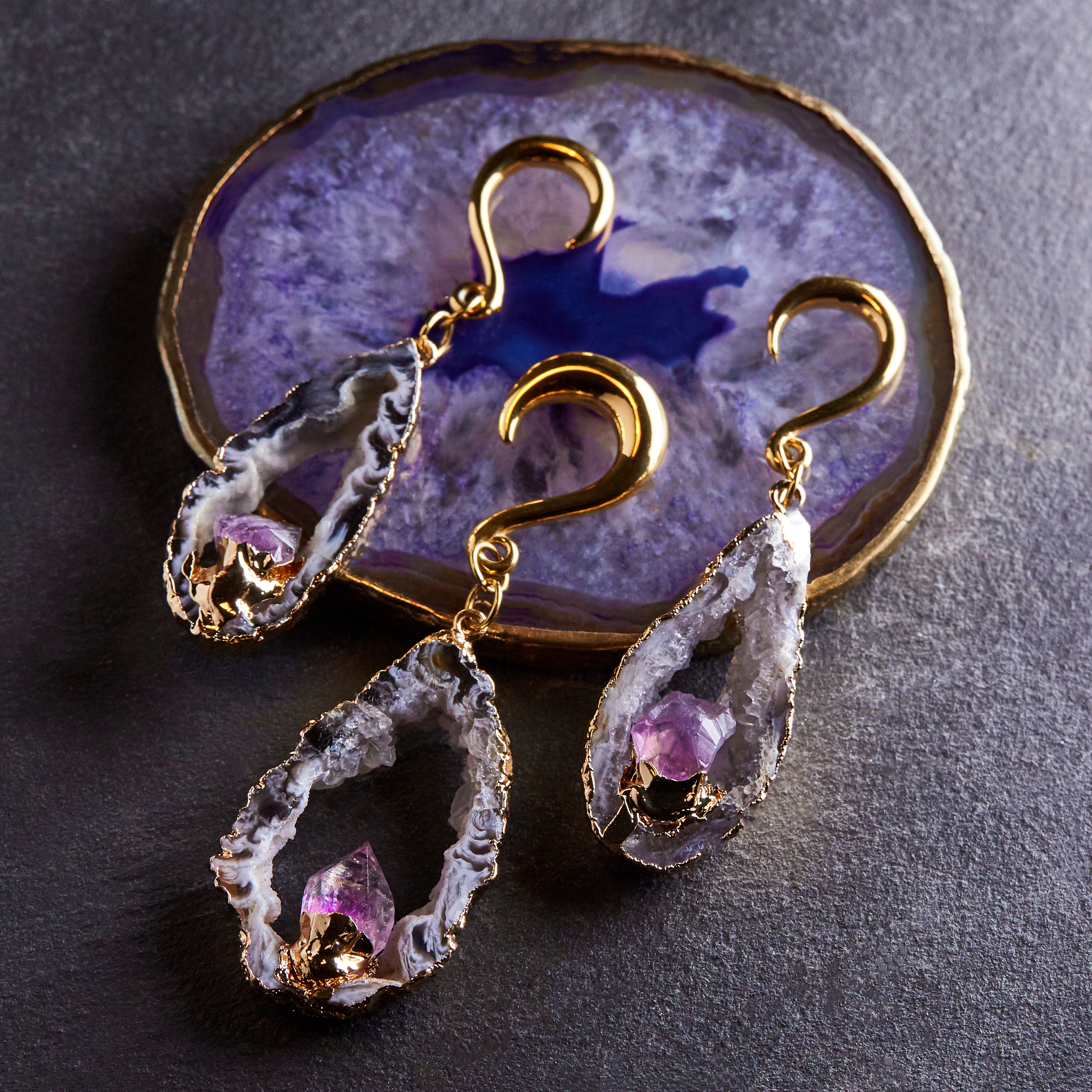 Classy  Gold Hook Geode Slice Crystal Ear Weights (Pair)