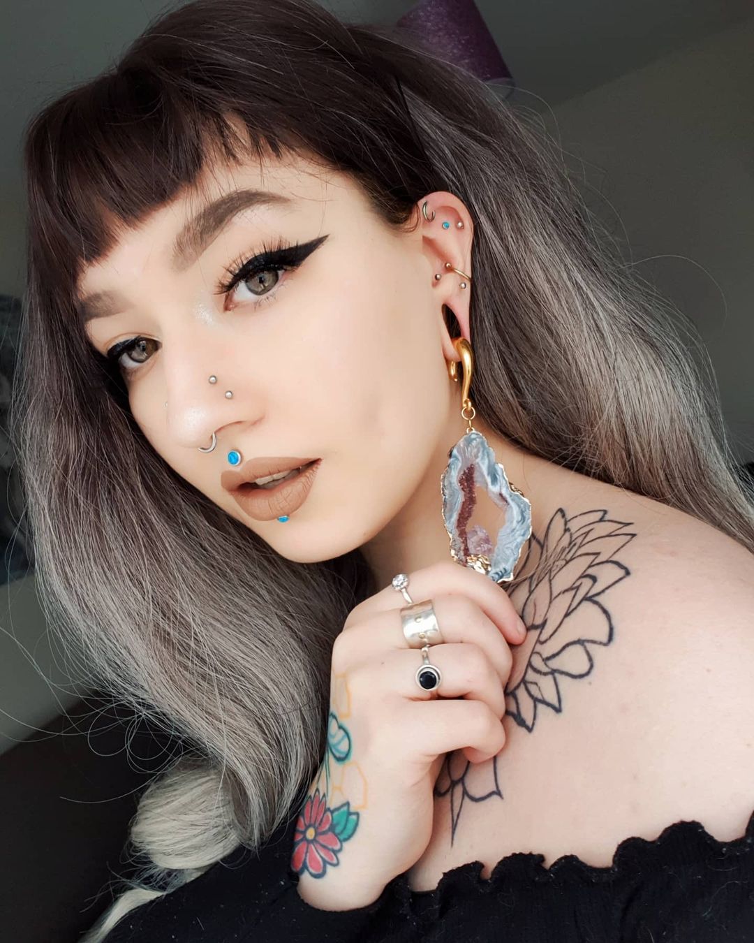 Women wearing large  Gold Hook Geode Slice Crystal Ear Weights (Pair)