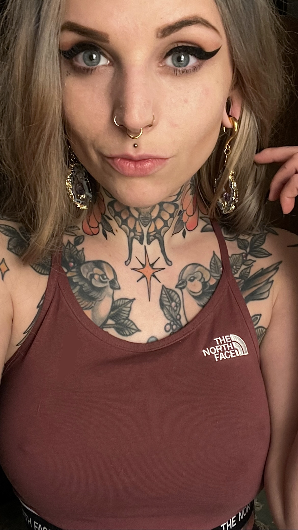 Girl wearing cool  Gold Hook Geode Slice Crystal Ear Weights (Pair)
