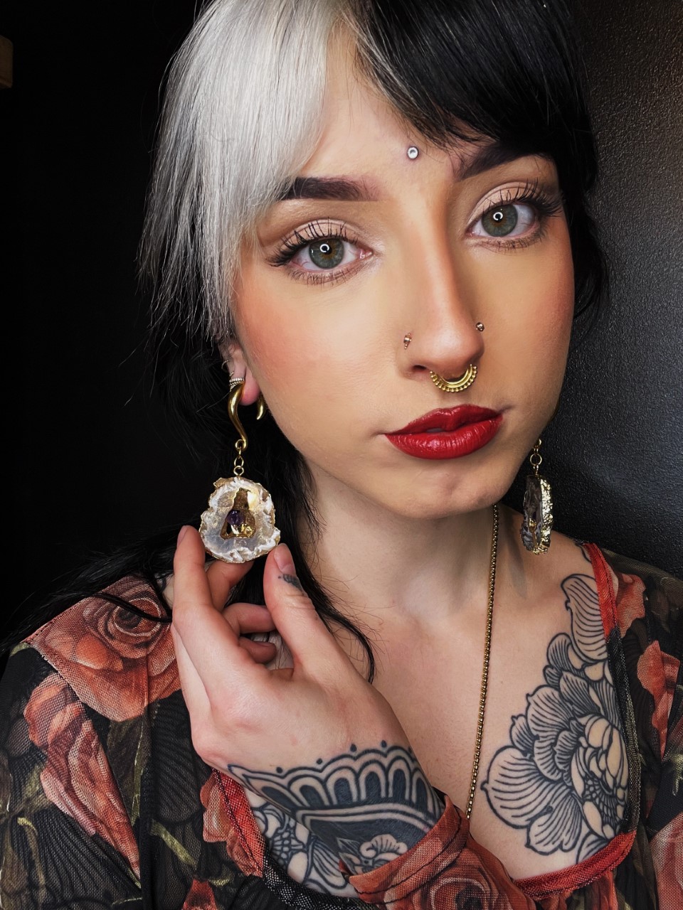 Girl wearing cute Gold Hook Geode Slice Crystal Ear Weights (Pair)