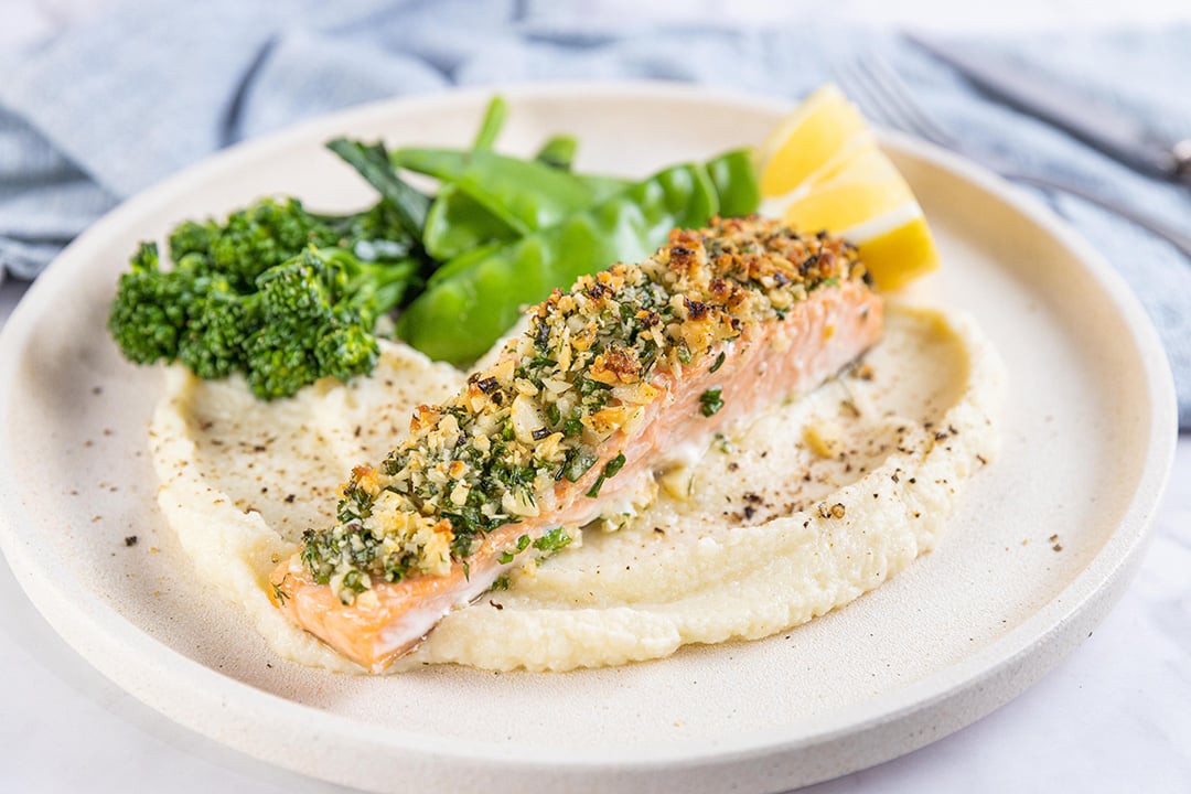 Macadamia Crusted Salmon with Cauliflower Mash