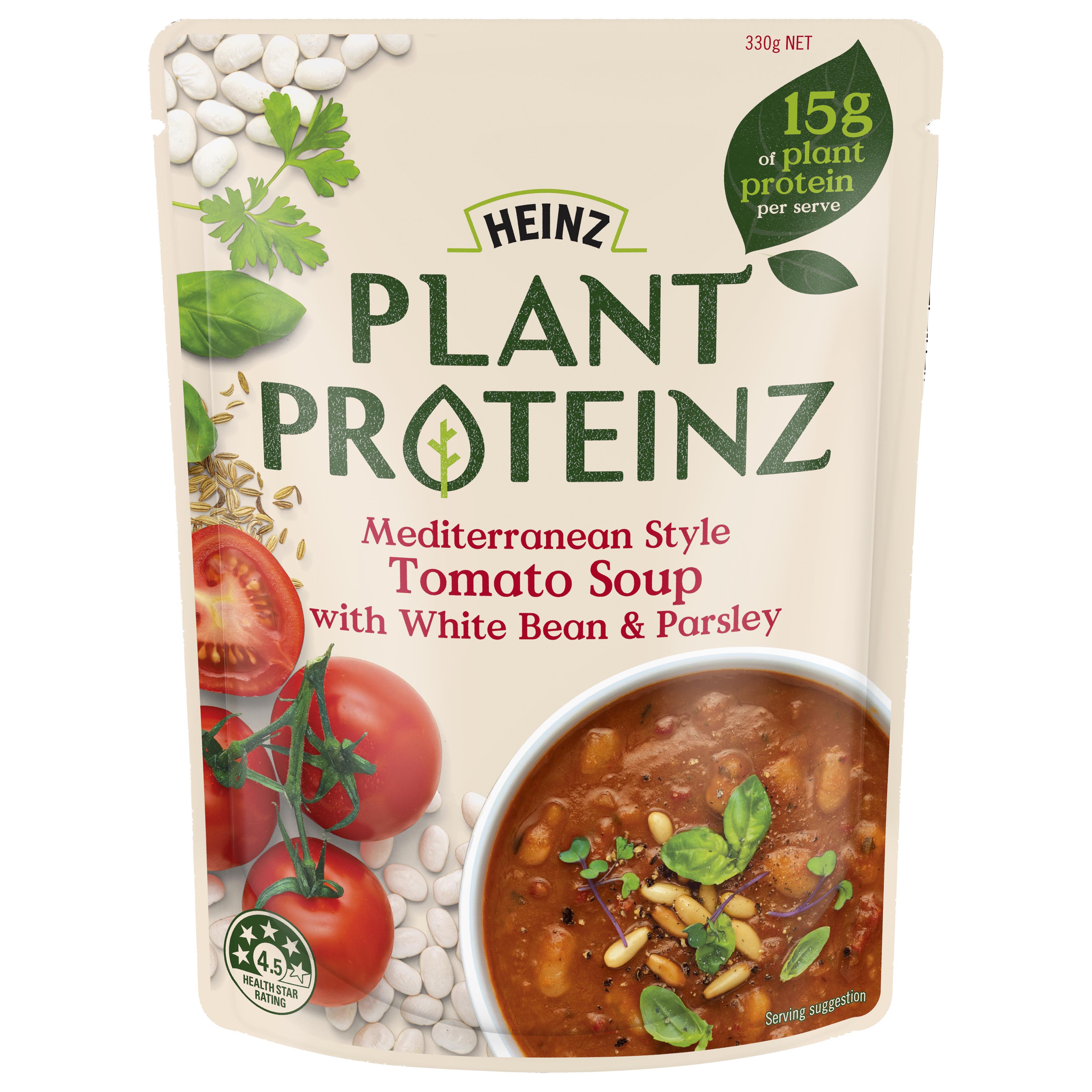 Photograph of 1 x 330g Heinz® Plant Proteinz Mediterranean Style Tomato Soup with White Bean & Parsley product