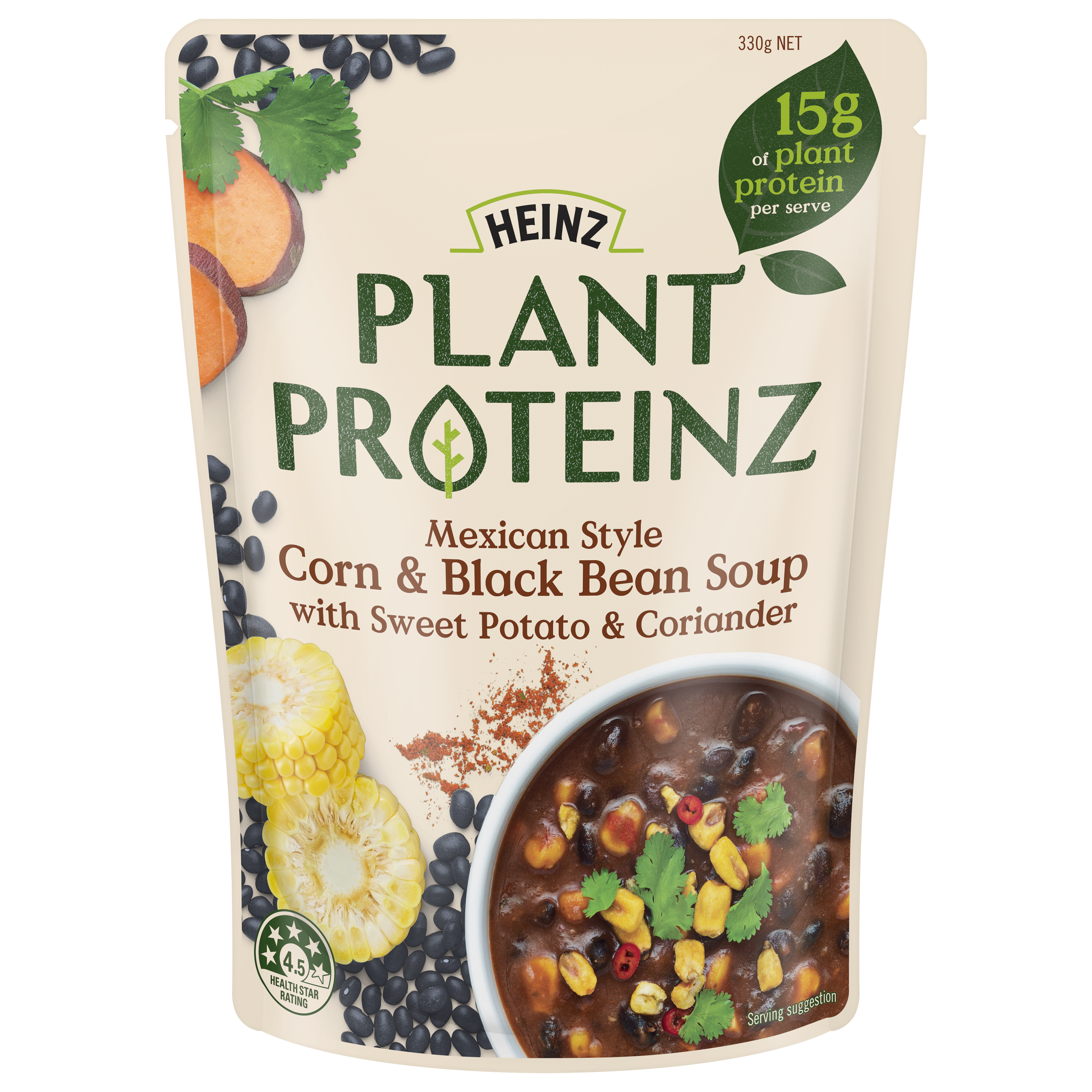 Photograph of 2 x 330g Heinz® Plant Proteinz Mexican Style Corn & Black Bean Soup with Sweet Potato & Coriander product