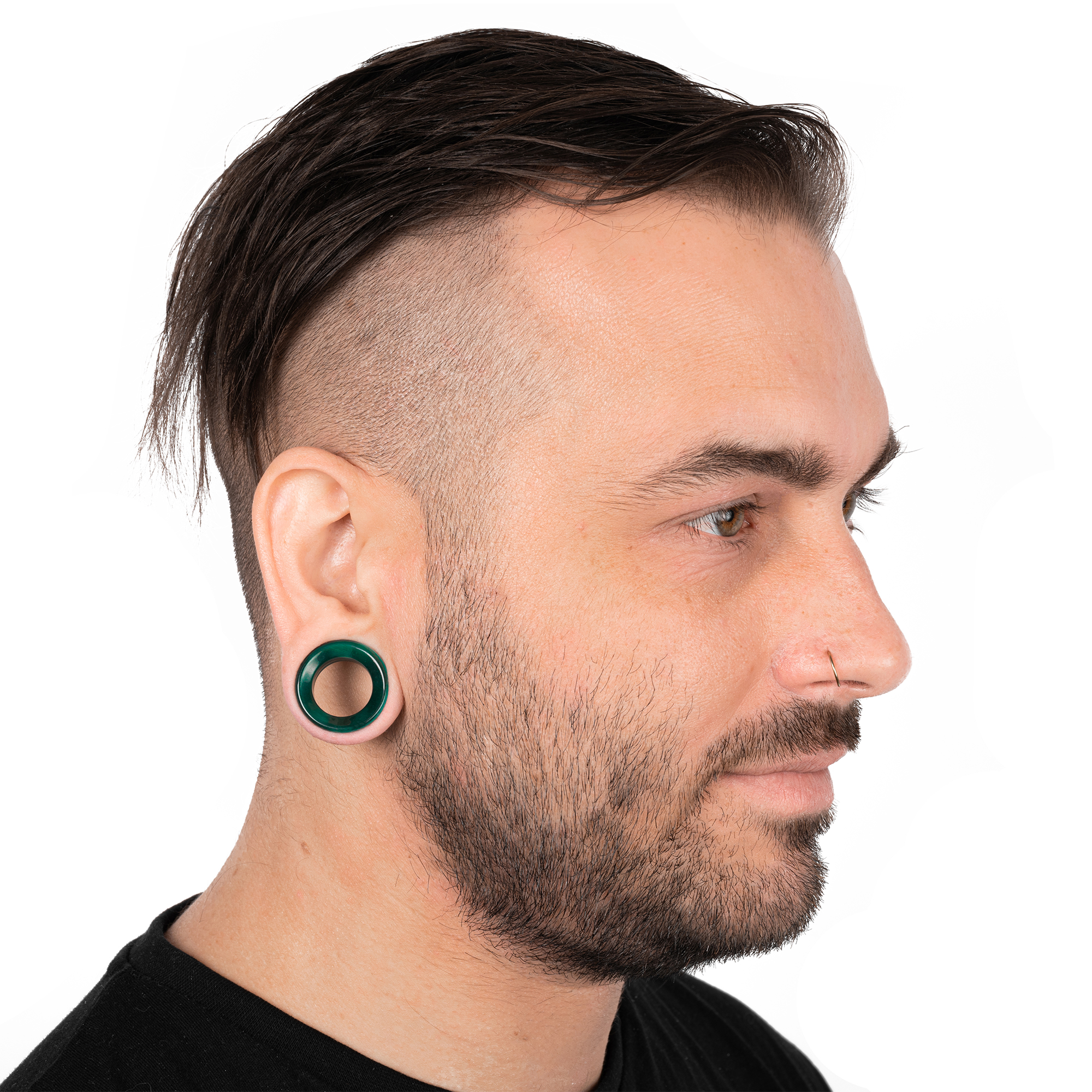 Male wearing alternative  Green Cats Eye Glass Ear Tunnel
