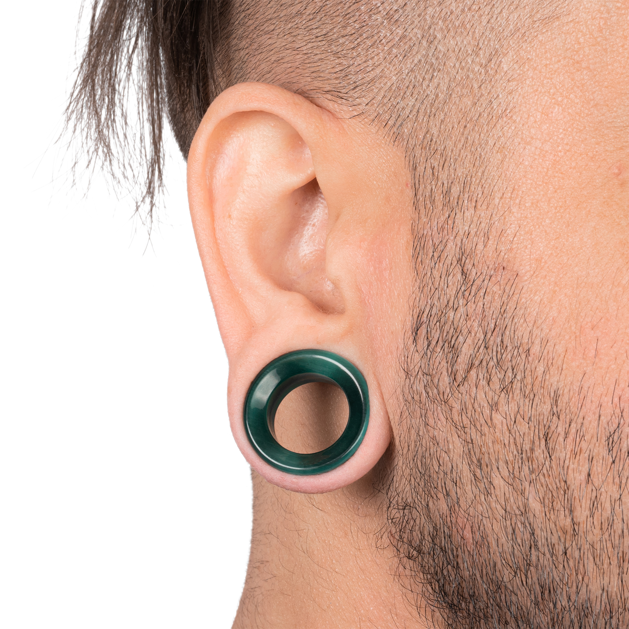 Guy wearing big  Green Cats Eye Glass Ear Tunnel