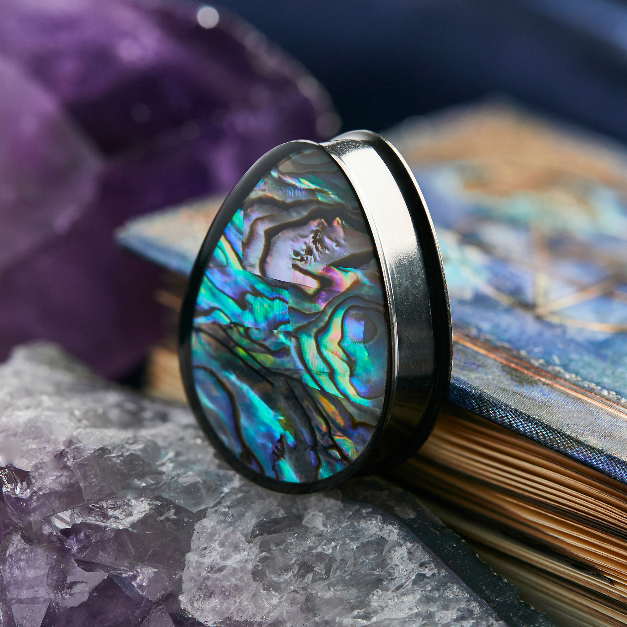 Shiny  Abalone & Black Steel Teardrop Plug / Gauge