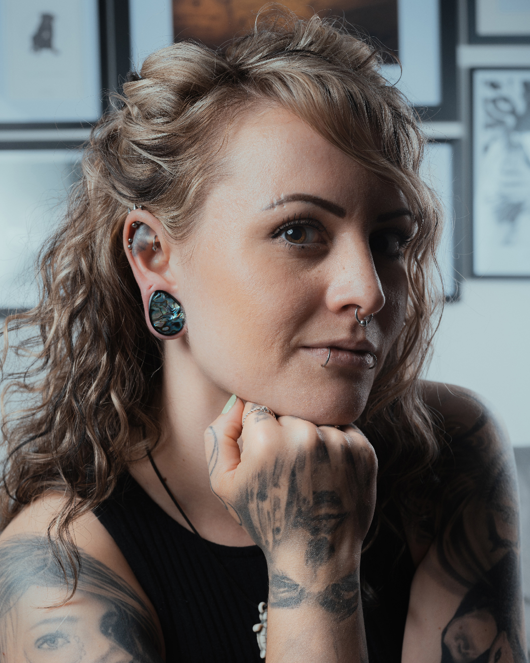 Girl wearing awesome  Abalone & Black Steel Teardrop Plug / Gauge