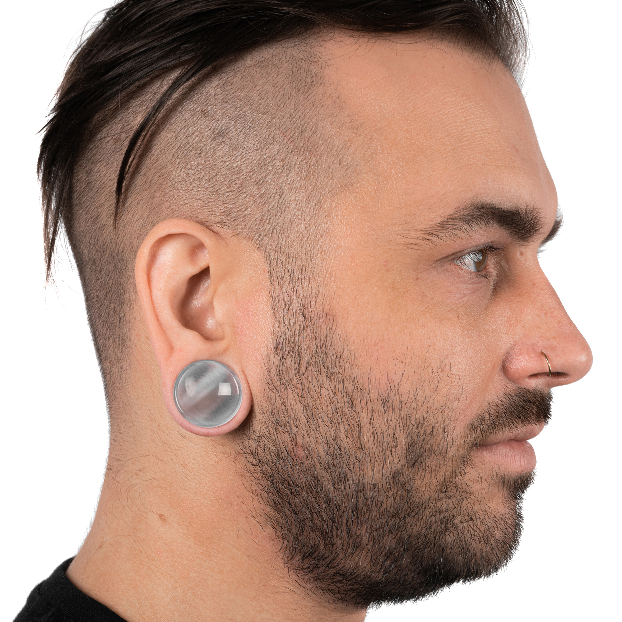 Guy wearing cool  Grey Cats Eye Glass Plug / Gauge