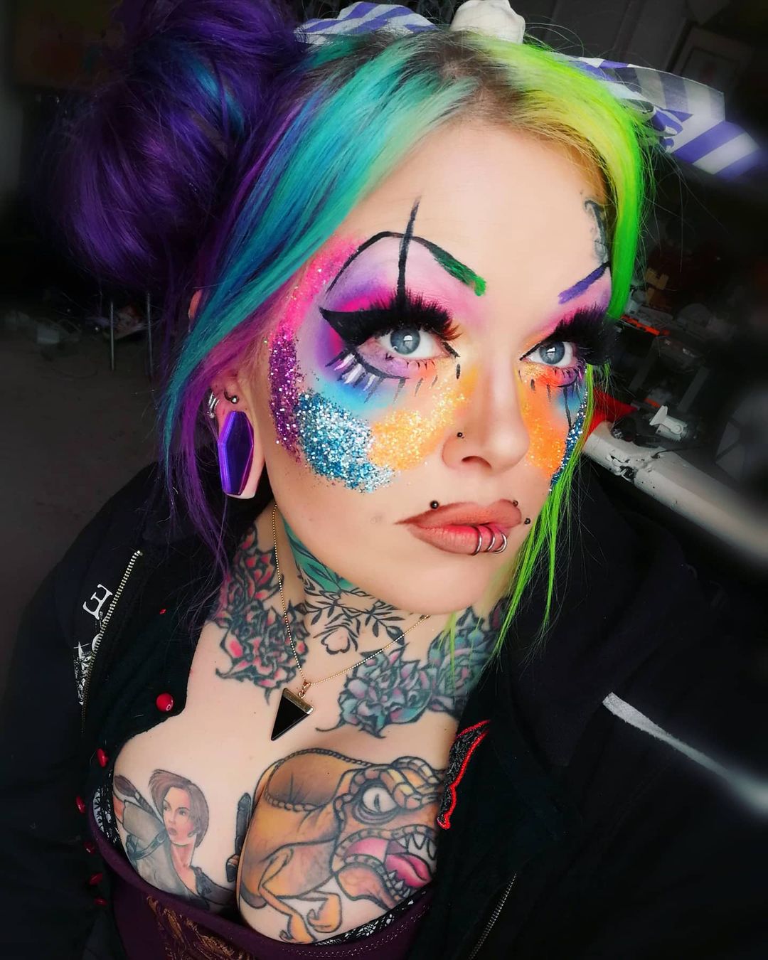 Girl wearing spooky  Iridescent Purple Coffin  Glass Plug / Gauge