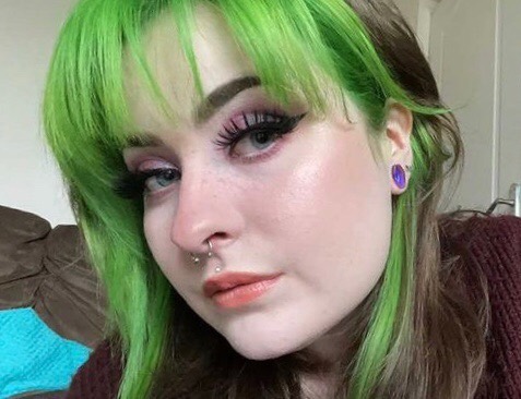Girl wearing pretty  Iridescent Purple Coffin  Glass Plug / Gauge