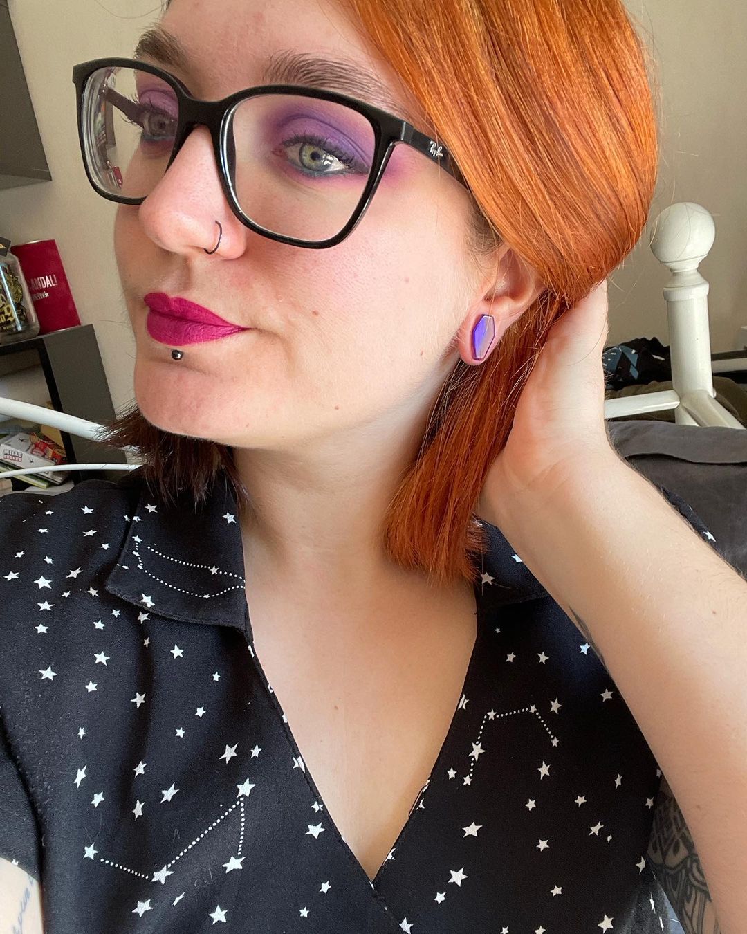 Girl wearing small  Iridescent Purple Coffin  Glass Plug / Gauge