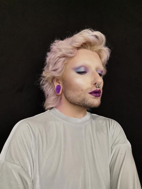 guy wearing amazing  Iridescent Purple Coffin  Glass Plug / Gauge