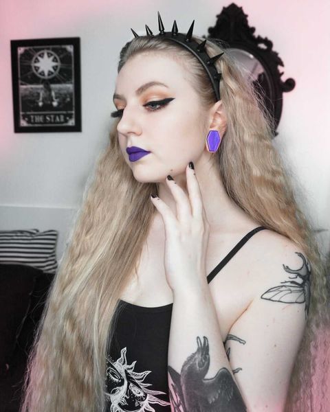 Girl wearing cute  Iridescent Purple Coffin  Glass Plug / Gauge