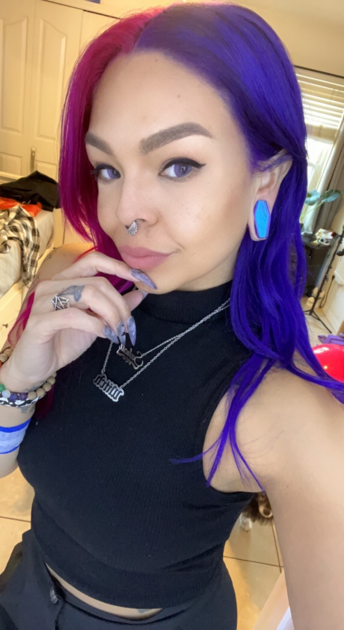 Girl wearing unique  Iridescent Purple Coffin  Glass Plug / Gauge