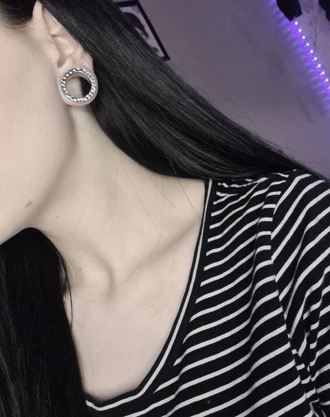 Women wearing goth  Hammered Silver Screwback Stainless Steel Tunnel