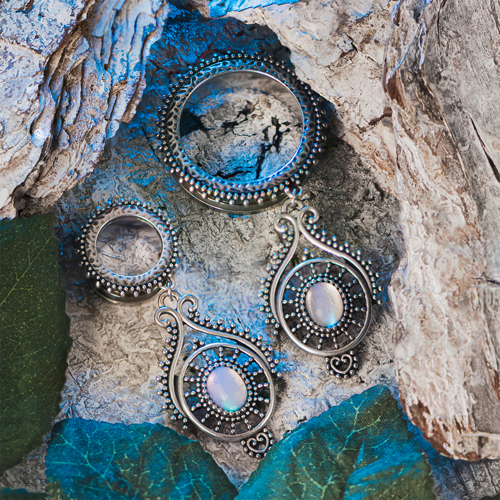  Verzierter Opal- und Silver Dangle Plug / Tunnel / gauge