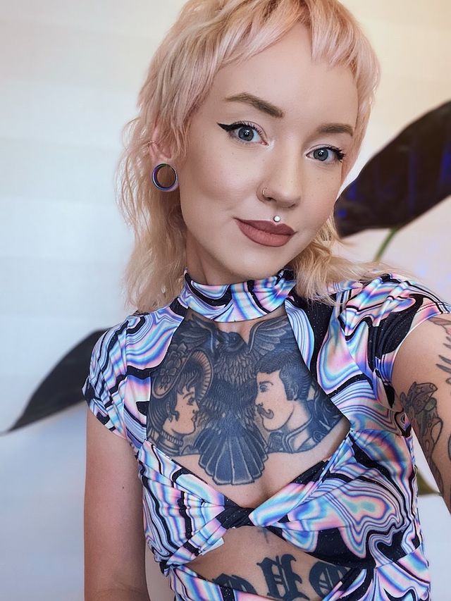 Girl wearing cute Anodised Rainbow Acrylic Double Flared Tunnel / Plug / Gauge