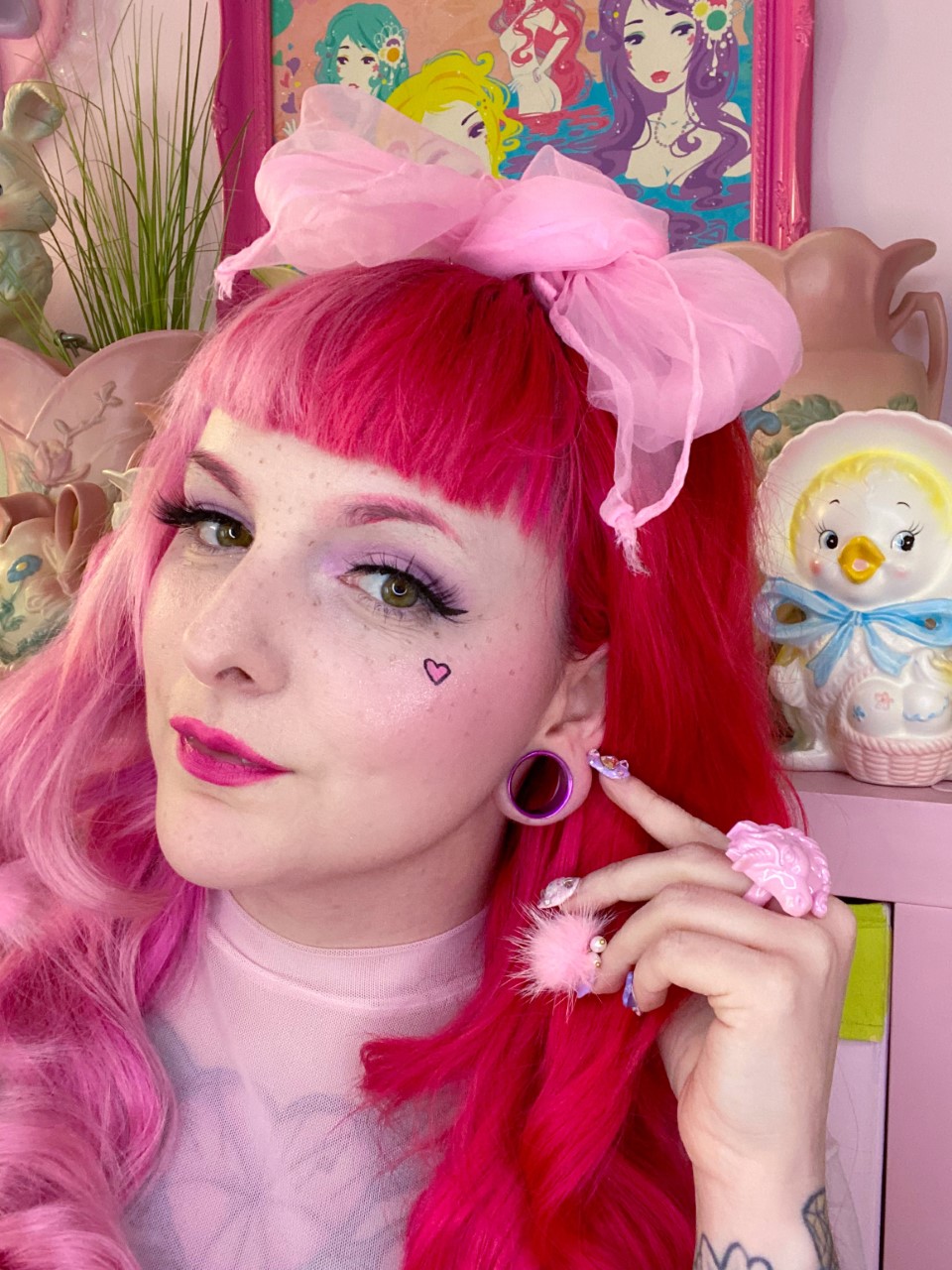 Girl wearing alternative cute  Anodised Pink Acrylic Double Flared Tunnel / Plug / Gauge