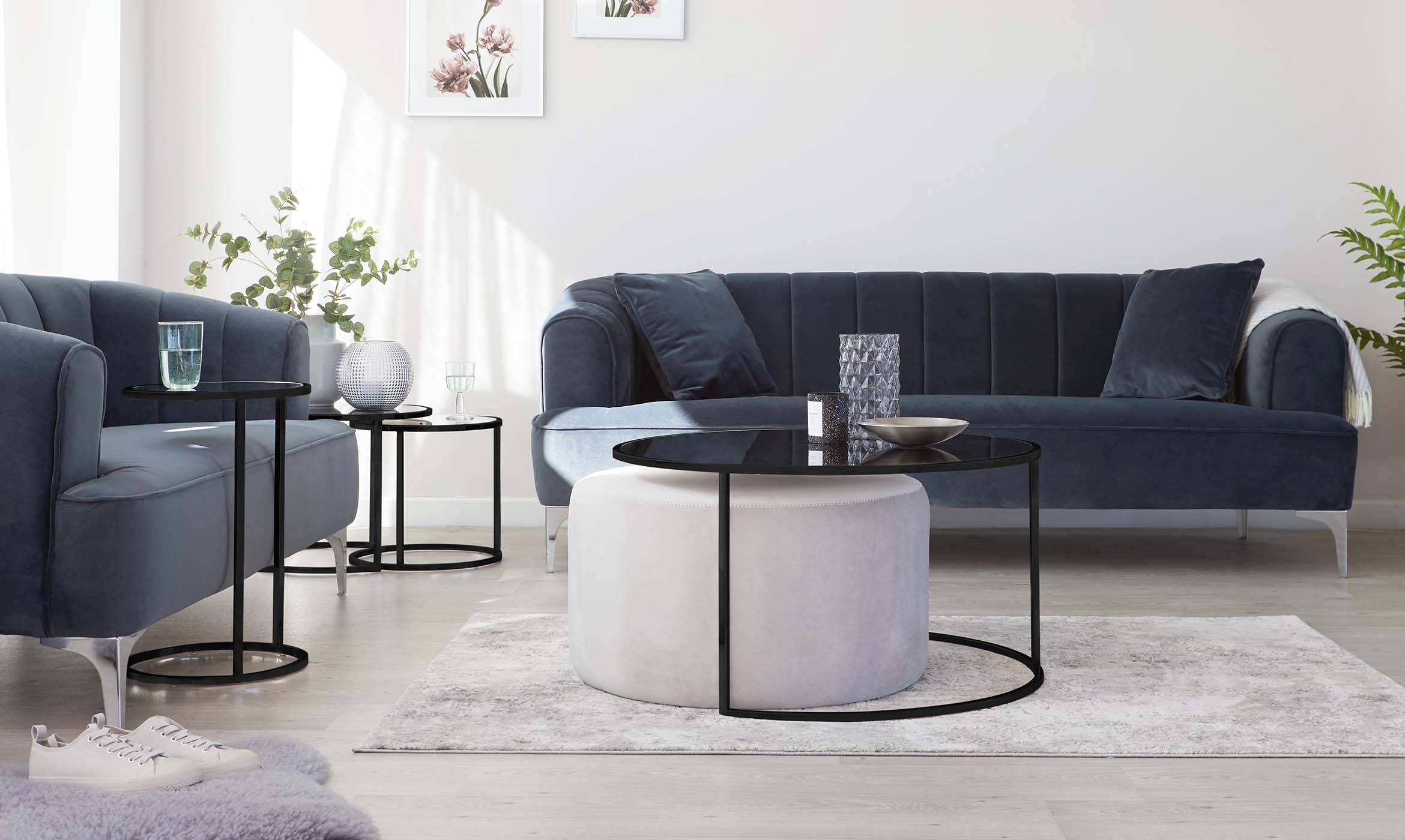 Thea Black Round Coffee Table and Light Grey Pouffe Set