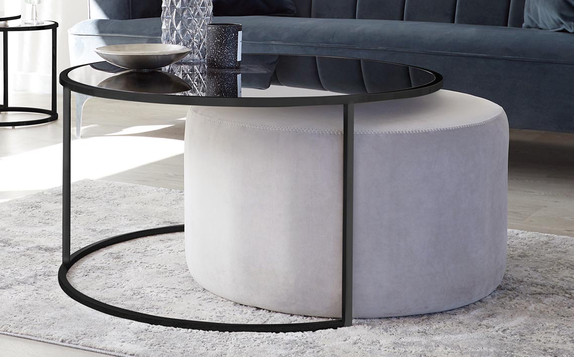 Round Coffee Table And Dark Teal Pouffe Set