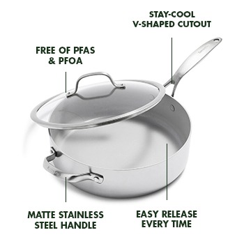GreenPan Chatham Tri-Ply Stainless Steel Healthy Ceramic Nonstick 3.75QT  Saute Pan Jumbo Cooker with Lid, PFAS-Free, Multi Clad, Induction,  Dishwasher