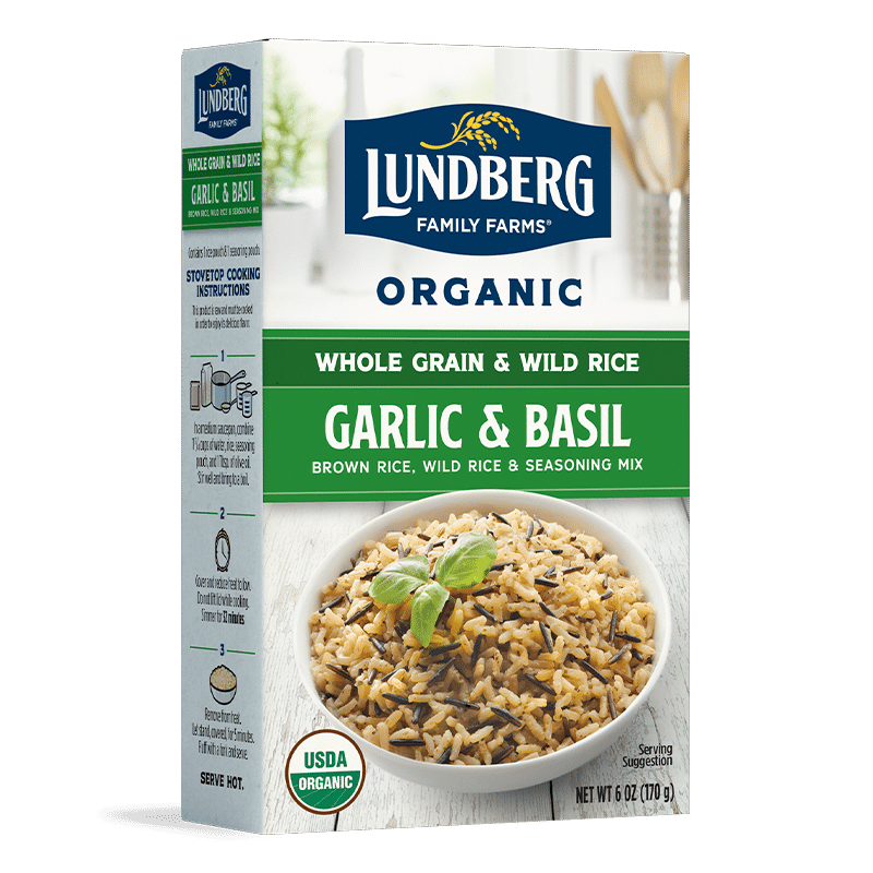 Caja de cereales integrales y arroz salvaje al ajo y a la albahaca de Lundberg