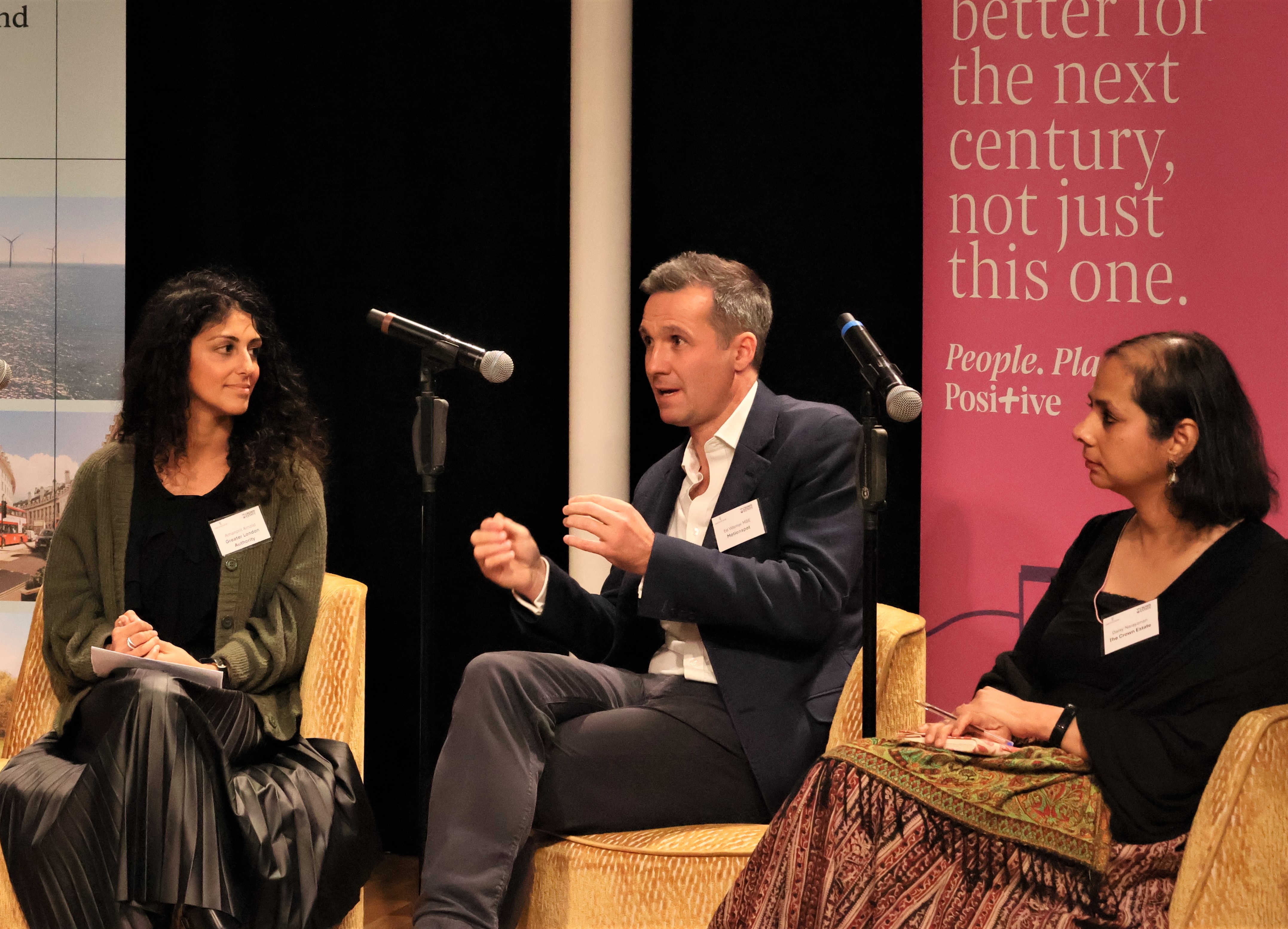 Ed Warner, Amanprit Arnold and Daisy Narayanan speaking on stage at Inclusive Spaces and Places launch