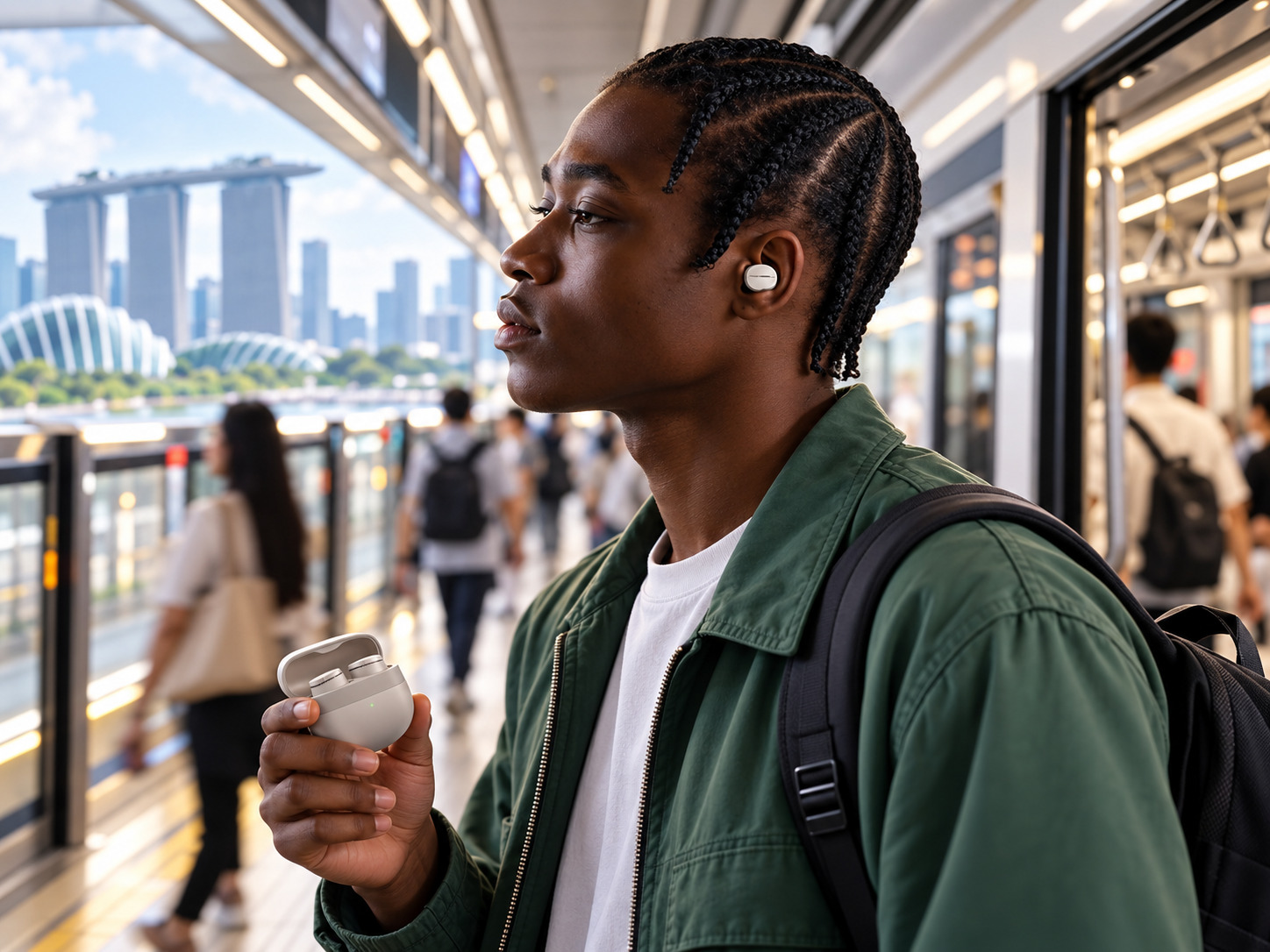 Bowers & Wilkins wireless noise cancelling earbuds used by a Singapore MRT commuter with Marina Bay skyline background