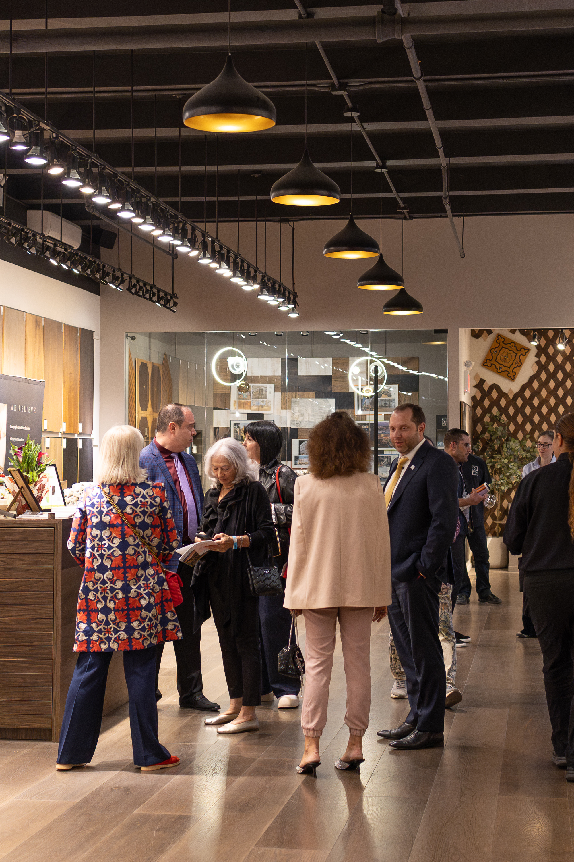 Design community gathering inside the PID Floors hardwood flooring showroom in New York