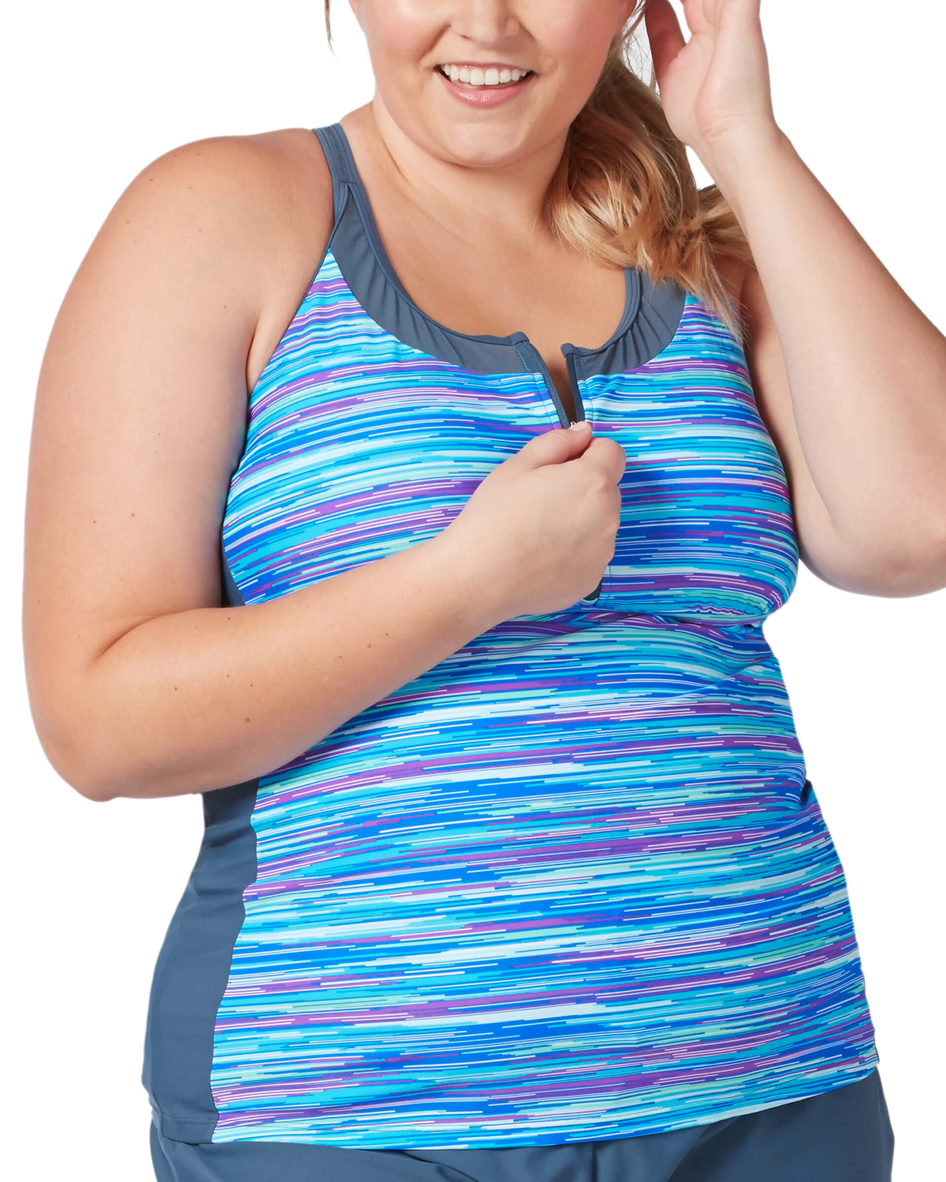 Women's Plus Size Light Rays Mesh Zip-Up Racerback Tankini Top