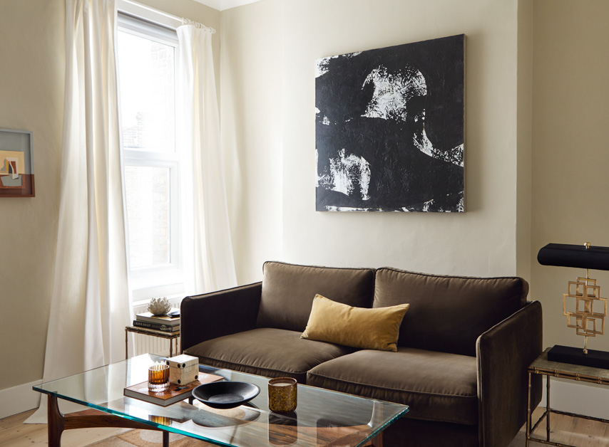 Olive Green Grey living room walls painted with Flanders Grey No.110 
