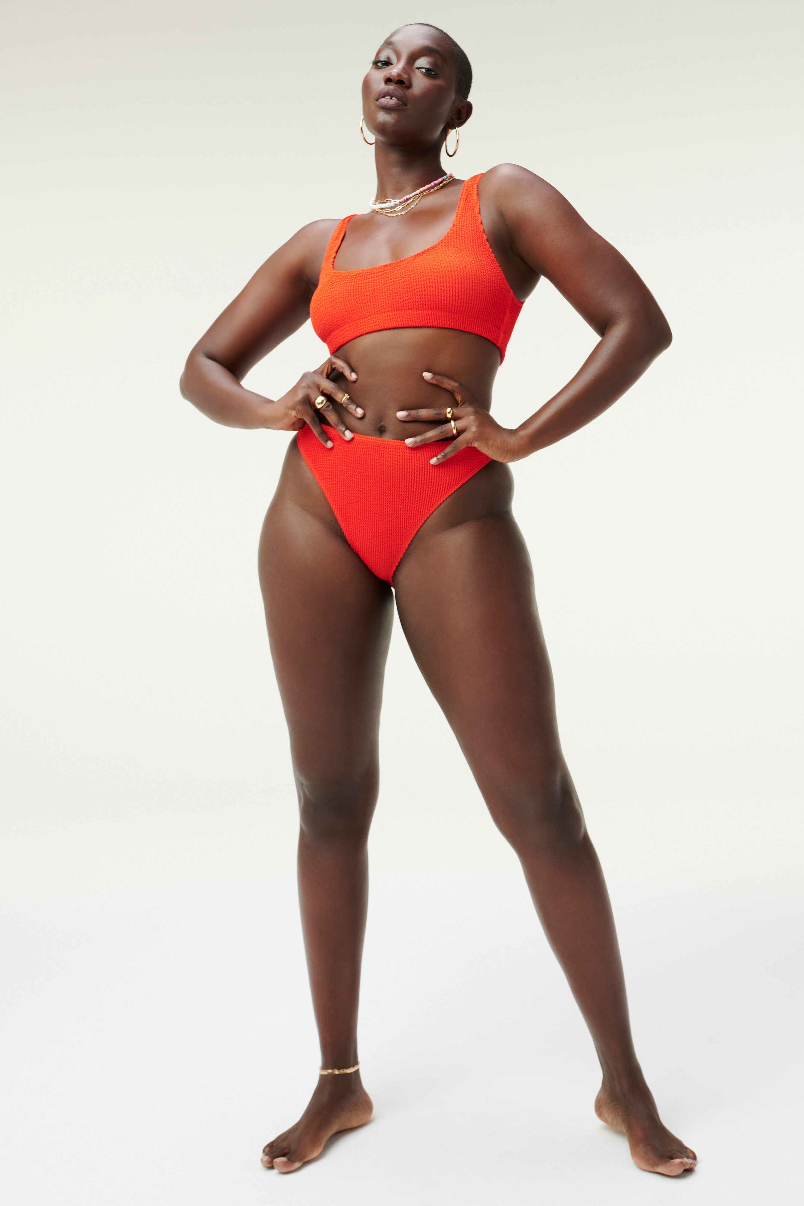 ALWAYS FITS SCOOP BIKINI TOP in BRIGHT POPPY002 styled with our ALWAYS FITS GOOD WAIST CHEEKY in BRIGHT POPPY002, or ALWAYS FITS MINI SKIRT in BRIGHT POPPY002