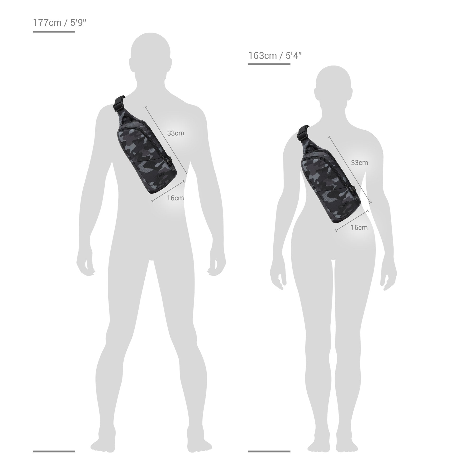 Size chart for Pacsafe® V anti-theft action sling pack
