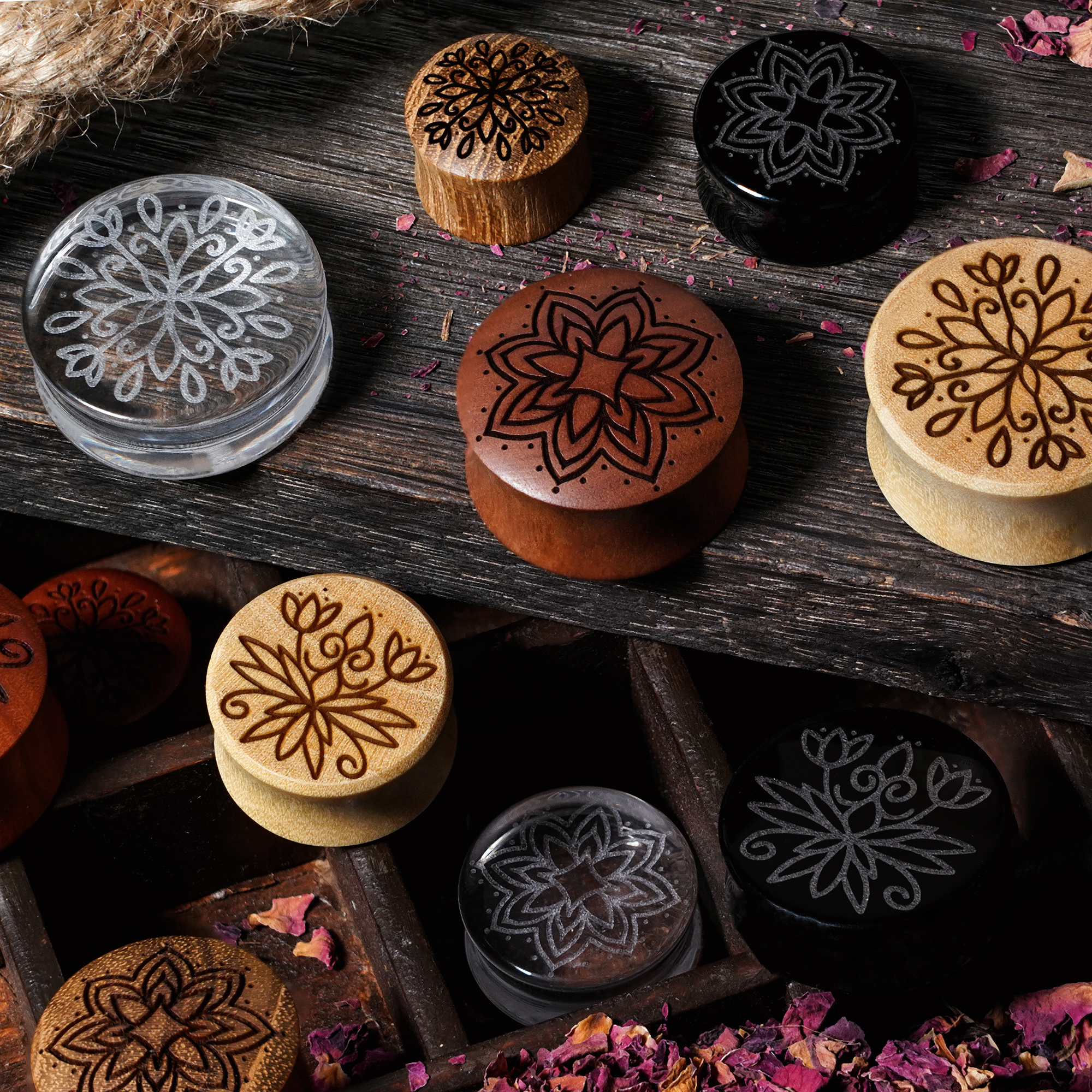  Starburst Mandala Ornamental Tattoo Plug / Gauge - Teak Wood | Convex Double Flare