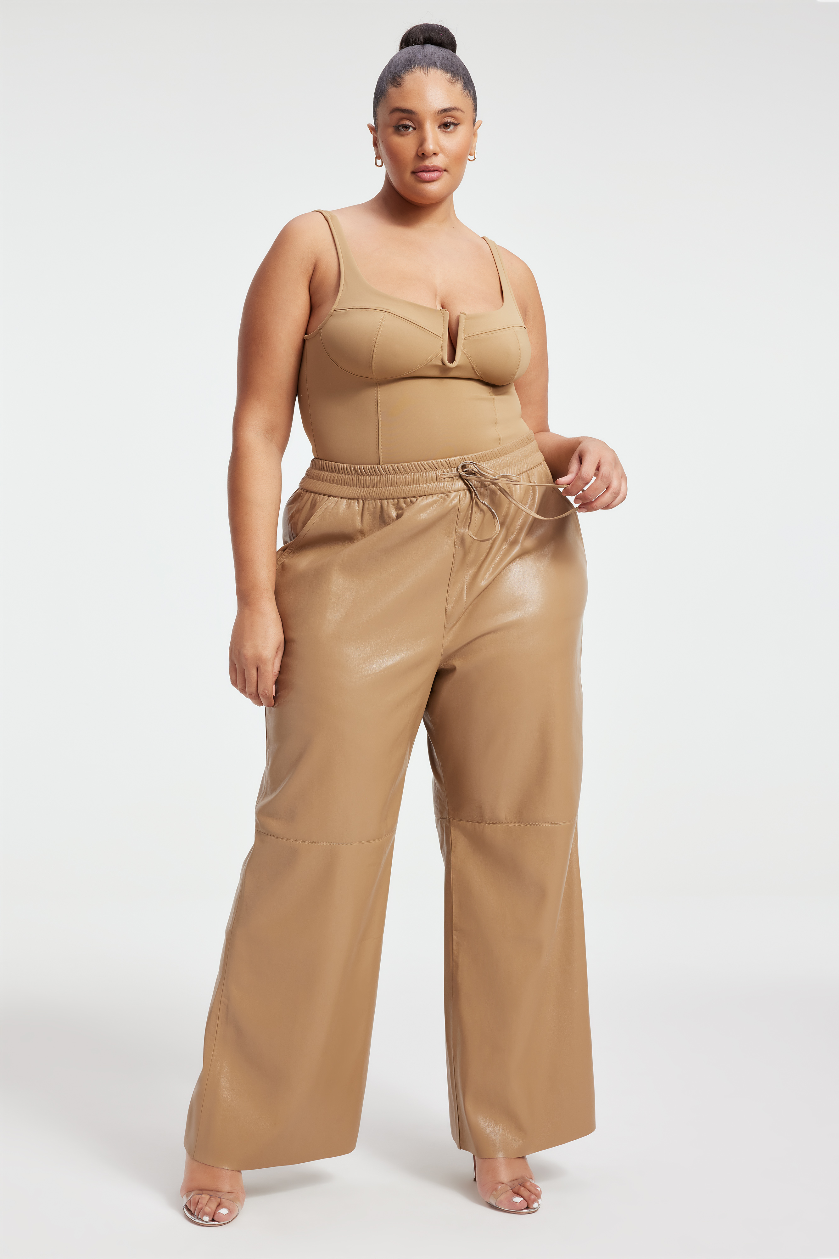Styled with FAUX LEATHER WIDE LEG | WARM CARMEL003