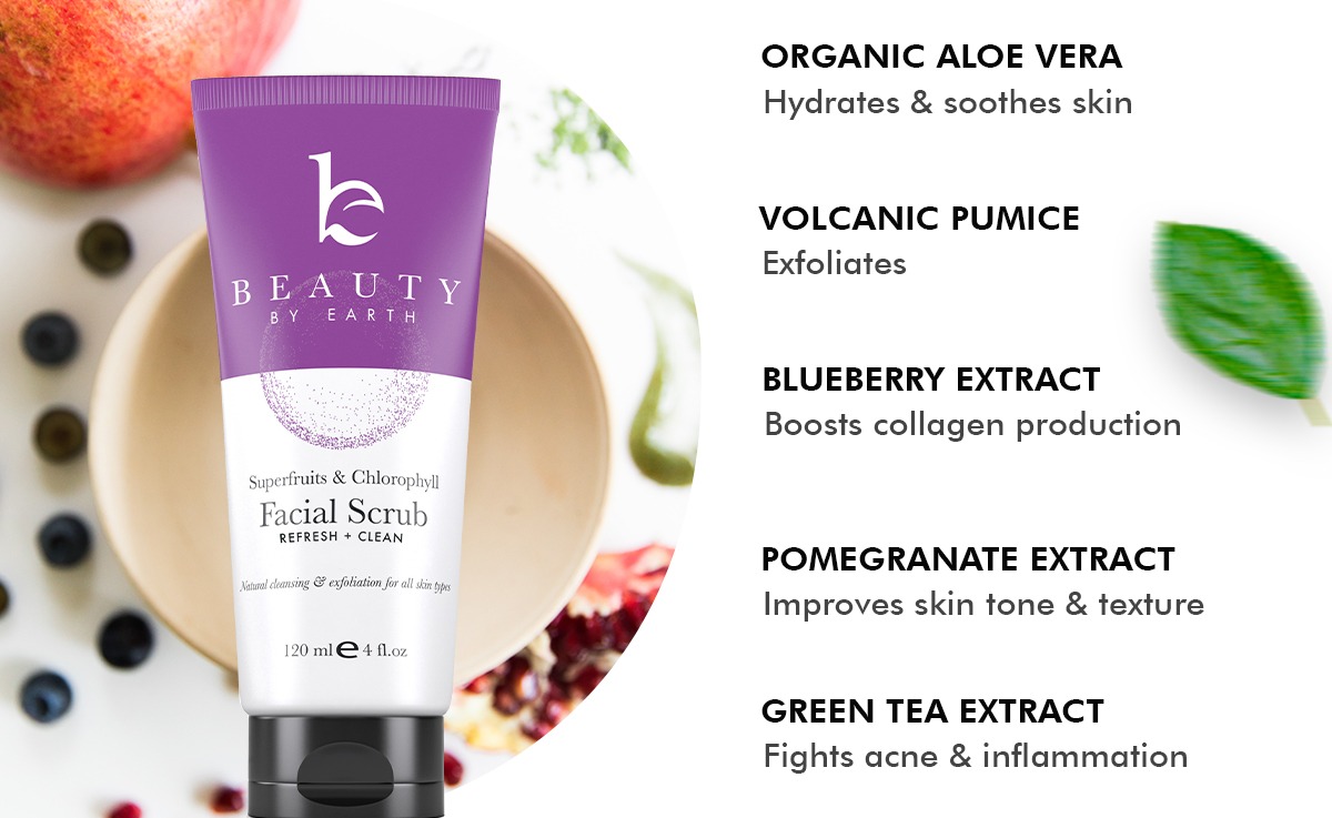 ORGANIC ALOE VERA
Hydrates & soothes skin
VOLCANIC PUMICE
Exfoliates
BLUEBERRY EXTRACT
Boosts collagen production
POMEGRANATE EXTRACT
Improves skin tone & texture
GREEN TEA EXTRACT
Fights acne & inflammation