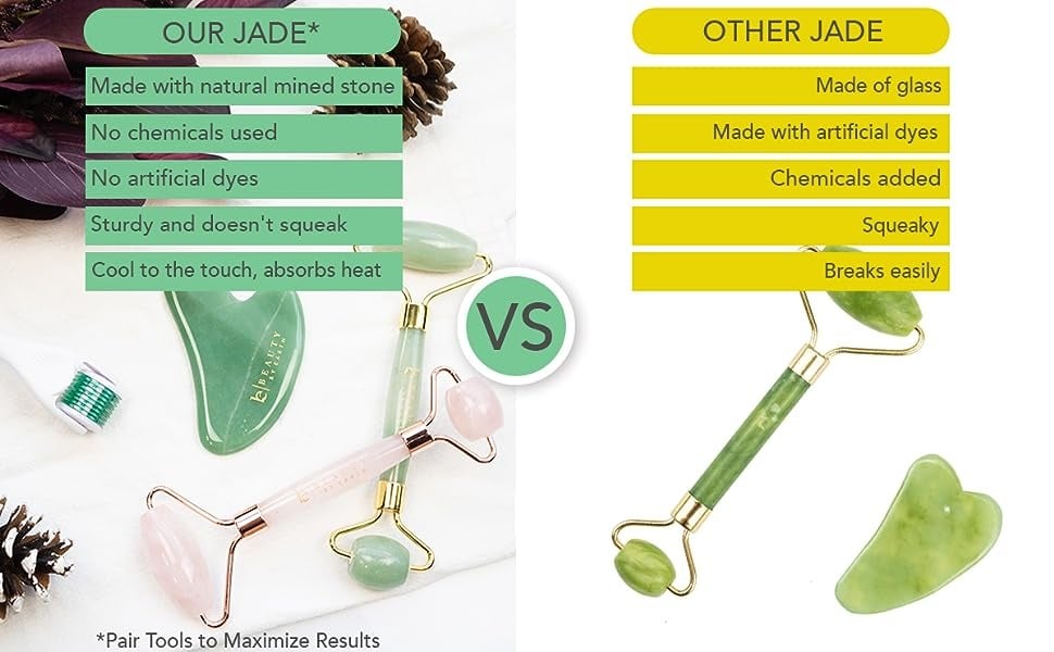 OUR JADE*
Made with natural mined stone
No chemicals used
No artificial dyes
Sturdy and doesn't squeak
Cool to the touch, absorbs heat
*Pair Tools to Maximize Results
VS
OTHER JADE
Made of glass
Made with artificial dyes
Chemicals added
Squeaky
Breaks easily