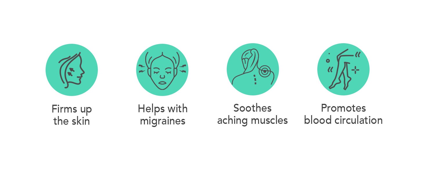 Firms up the skin
Helps with migraines
Soothes aching muscles
Promotes blood circulation