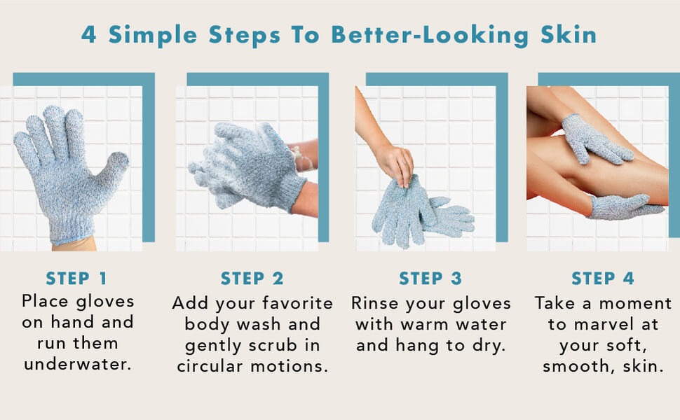 4 Simple Steps To Better-Looking Skin
STEP 1
Place gloves
on hand and
run them
underwater.
STEP 2
STEP 3
Add your favorite Rinse your gloves
body wash and
with warm water
gently scrub in
and hang to dry.
circular motions.
STEP 4
Take a moment
to marvel at
your soft,
smooth, skin.