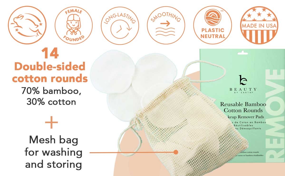 14 Double-sided cotton rounds, 70% bamboo, 30% cotton, Mesh bag, for washing
and storing