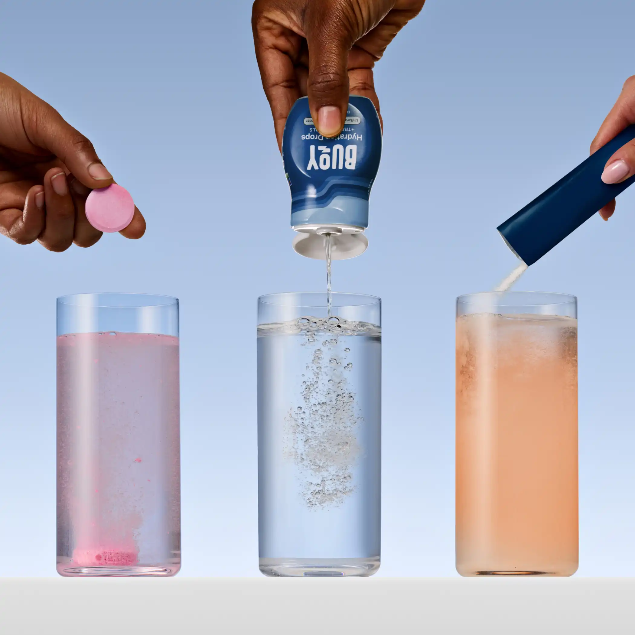 Buoy Hydration Drops vs Electrolit hydration drink side-by-side comparison.