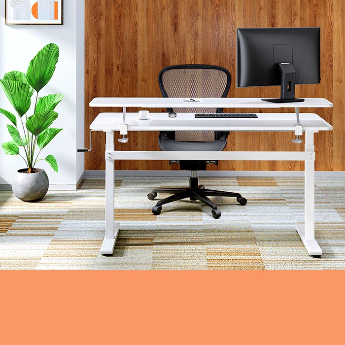 Tranzendesk 55 Side Crank Standing Desk - White - White Top / White Frame / White Shelf