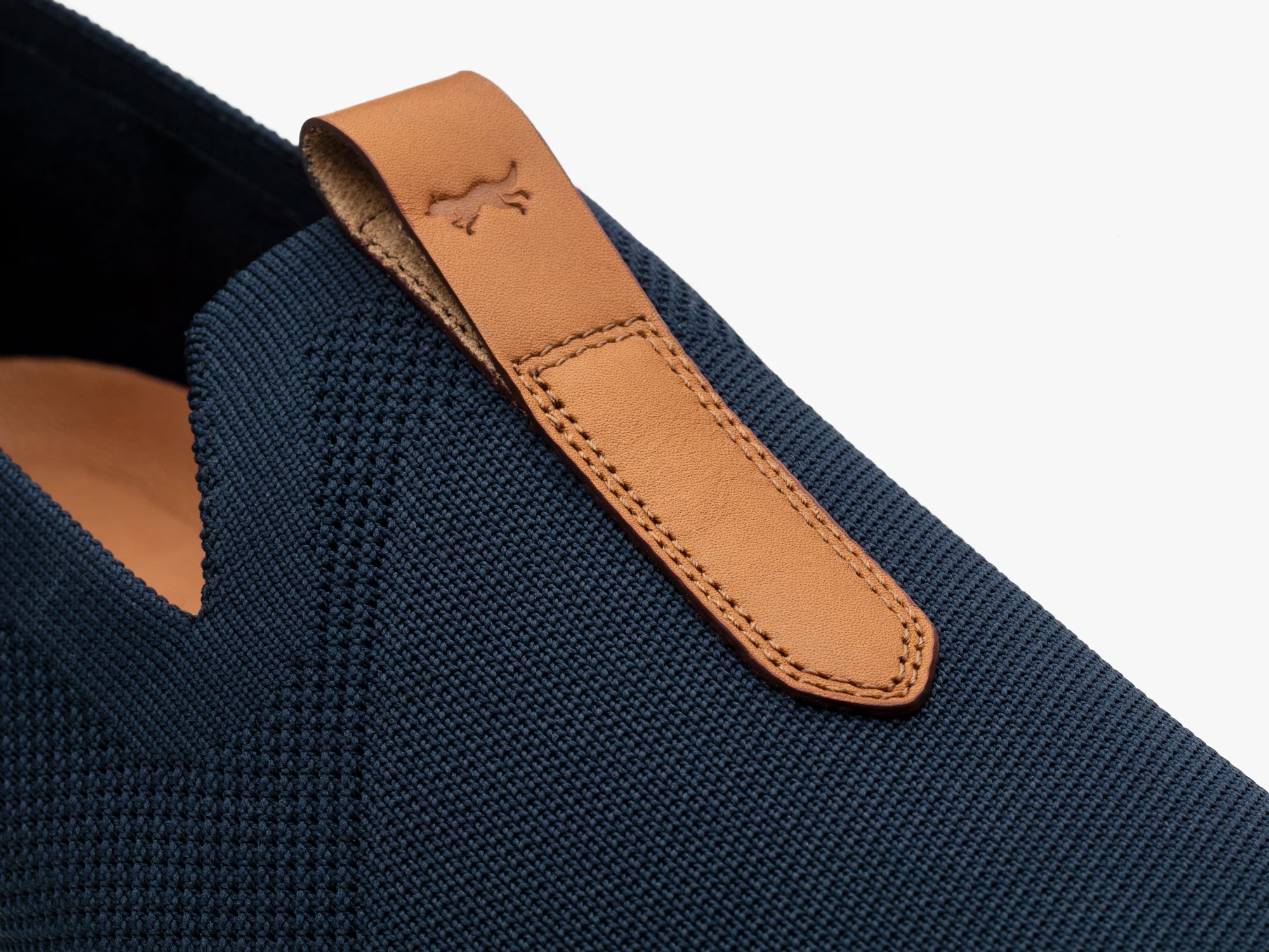 Close up view of Swiftknit loafer in Navy 