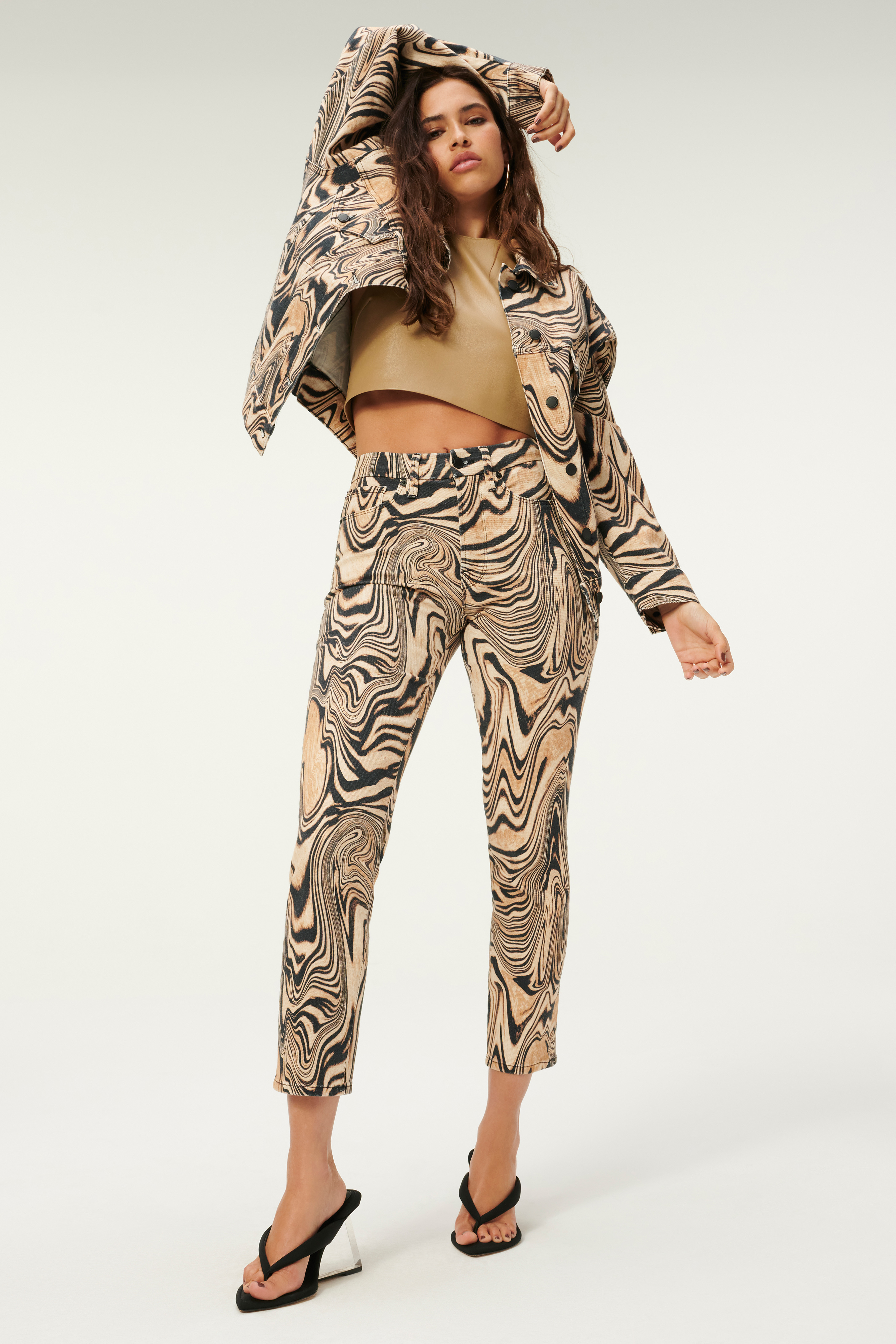 BOYFRIEND JACKET TAN SWIRL in NATURAL SWIRL001 styled with our FAUX LEATHER CROP TOP in WARM CARMEL003,