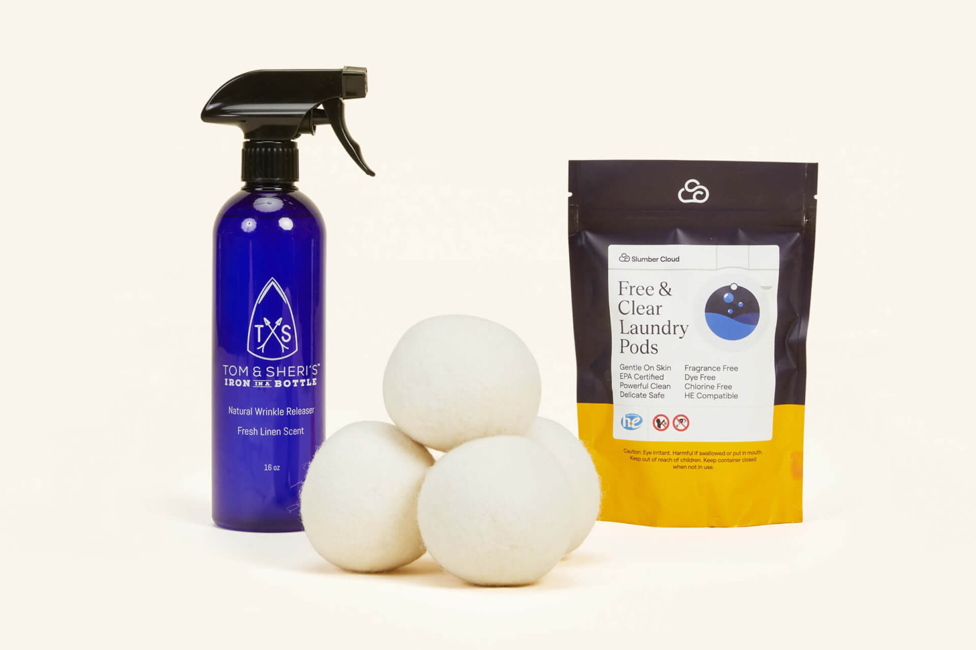 The Slumber Cloud Laundry Care Bundle on a cream background